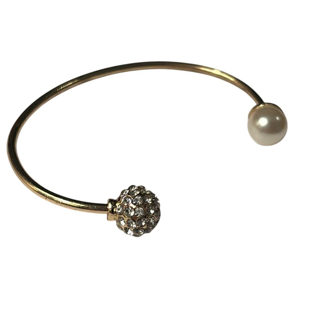 Fashion Gold Tone Faux Pearl and Rhinestone Open End Bangle